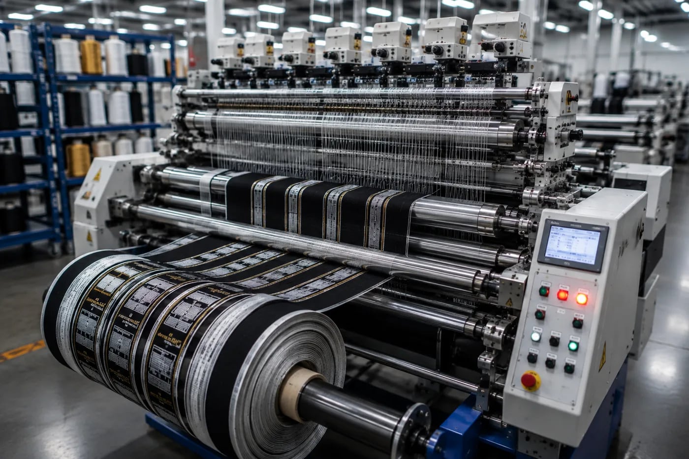 Woven labels and backing material come off the loom in continuous runs.