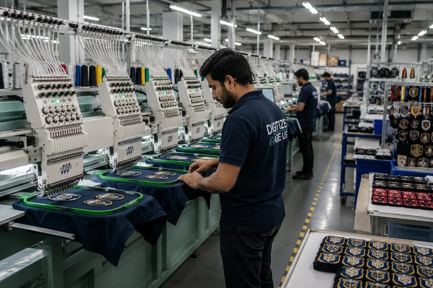 Embroidery, weaving, PVC moulding and metal crafting run on dedicated lines.