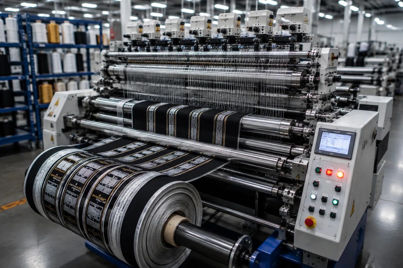 Backing material running off the loom on the weaving line