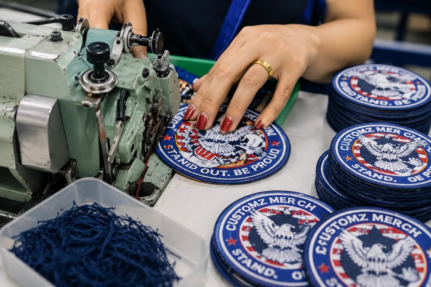 An operator finishing and squaring a stack of embroidered patches